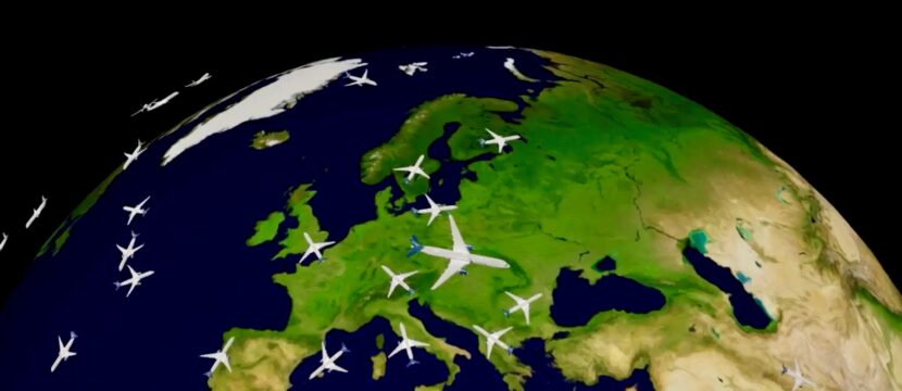 Panasonic Avionics' Arc™ map is pictured with aircraft flying over the globe.